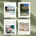 Promotional material for a villa with images of the property and text.