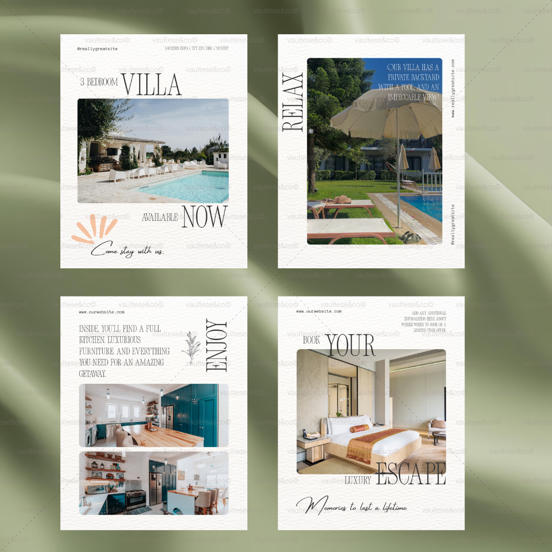 Promotional material for a villa with images of the property and text.