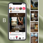 Phone screen displaying a social media app with a travel-themed profile and images on a green gradient background.