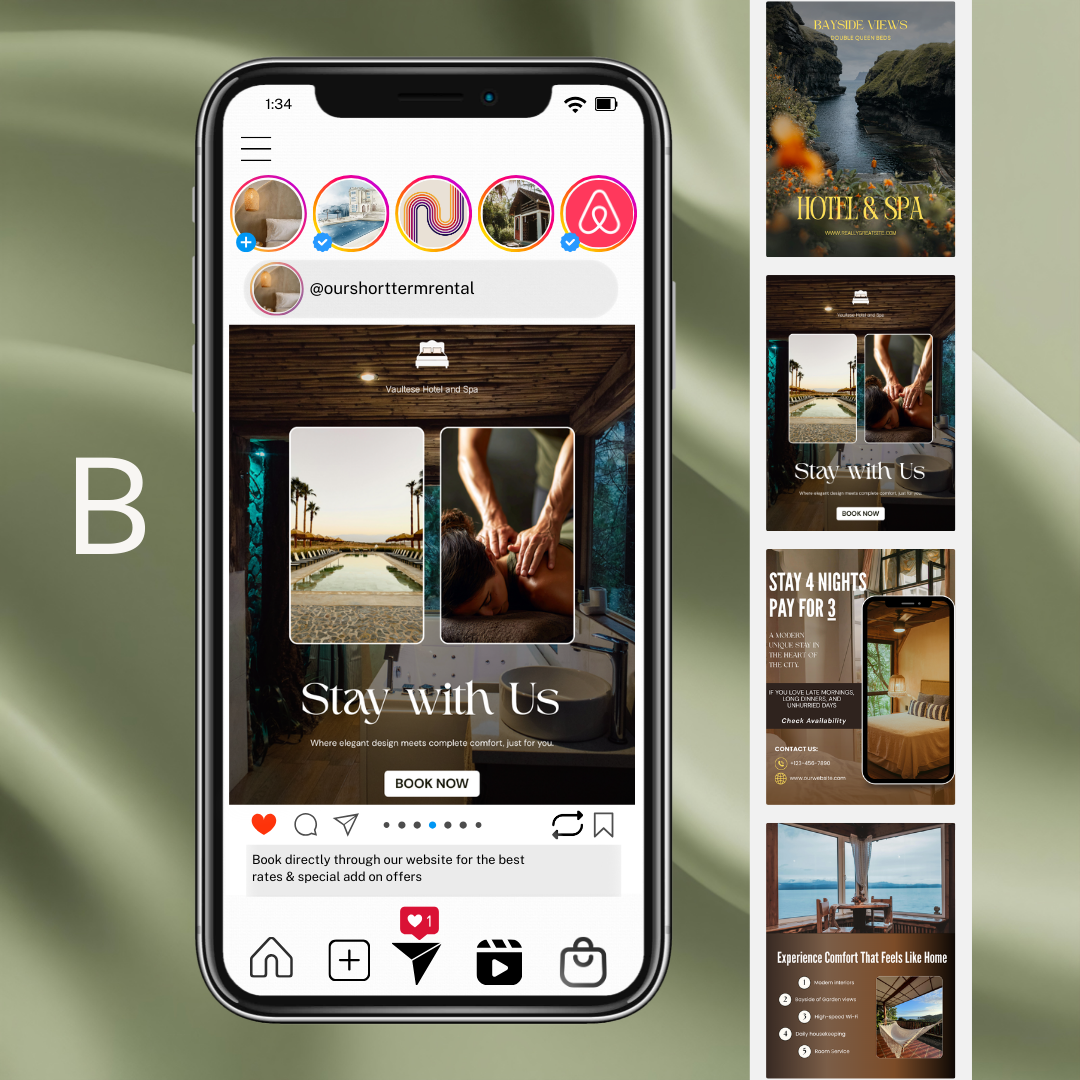 Phone screen displaying a social media app with a travel-themed profile and images on a green gradient background.