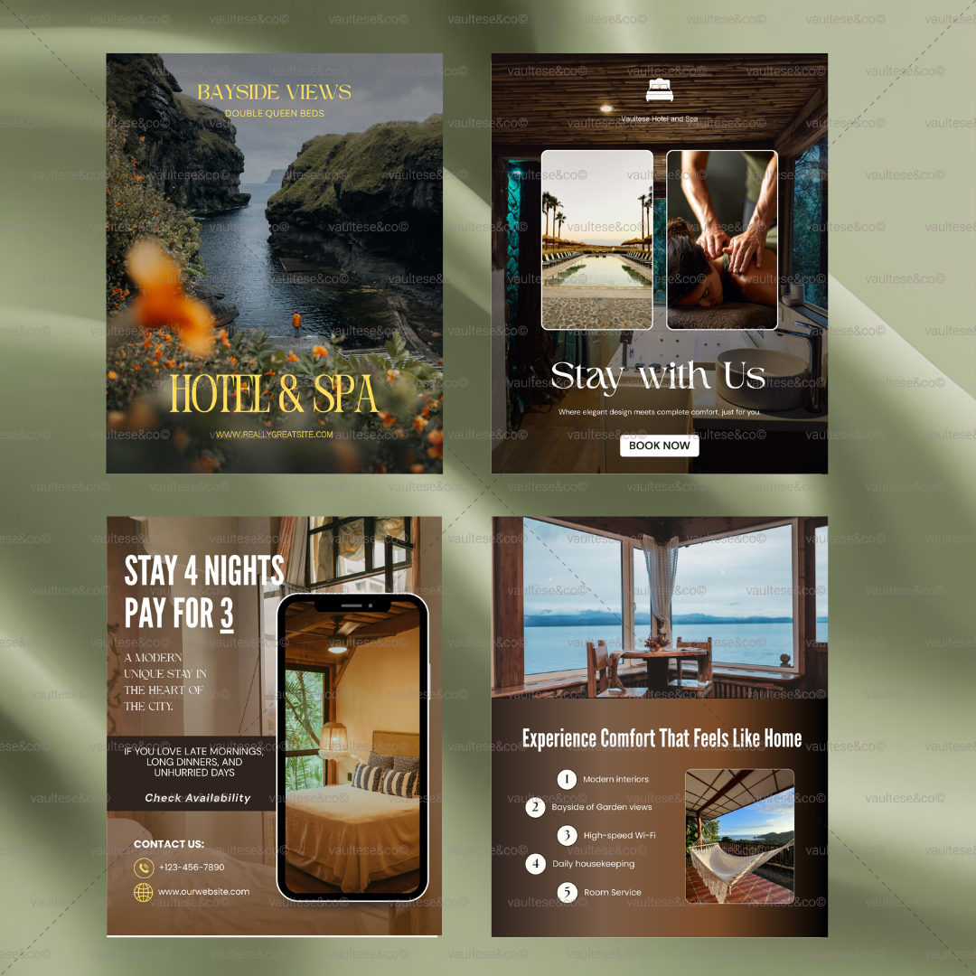 Set of four hotel and spa promotional posters with scenic and interior images.
