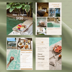 Collage of travel and wellness promotional materials with images of a pool, spa, and massage.