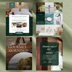 Collage of promotional materials for a hotel, including a bed, restaurant, and spa.
