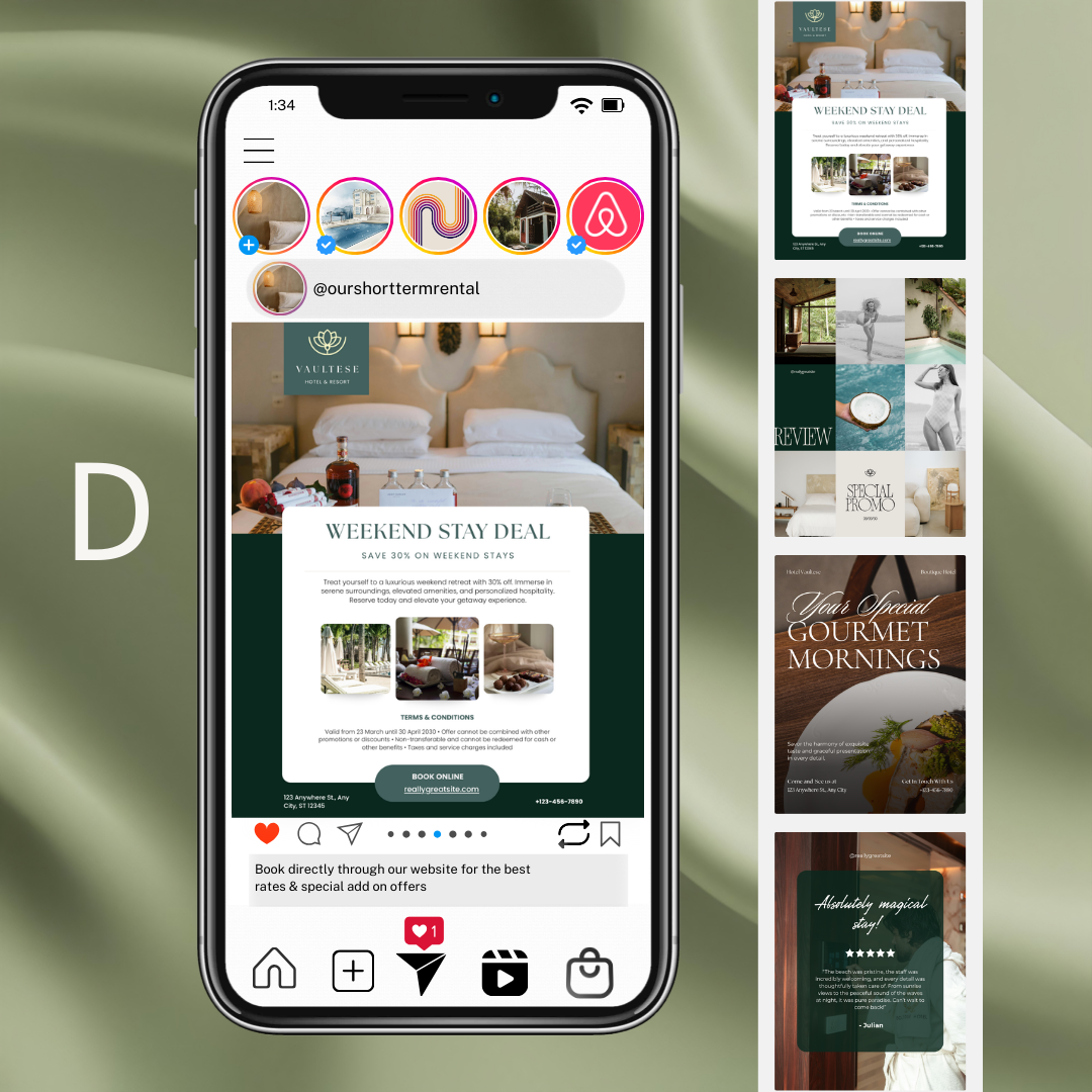 Phone screen displaying a hotel booking app with promotional content on a green background