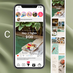 Phone screen displaying a short-term rental app with promotional text and images.