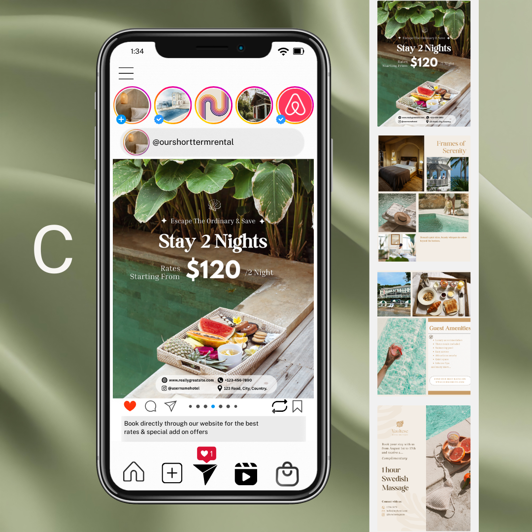 Phone screen displaying a short-term rental app with promotional text and images.